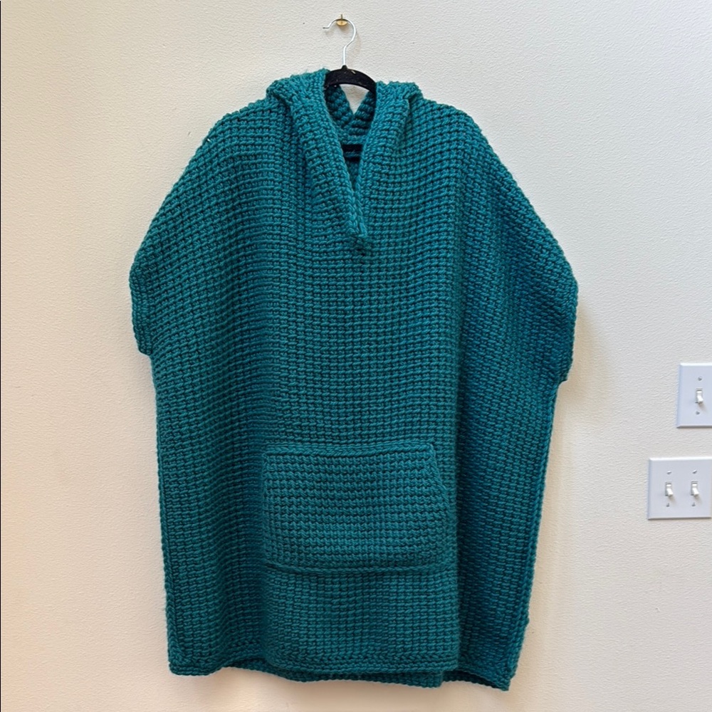 Teal Hooded Knit hand crochet poncho with pouch